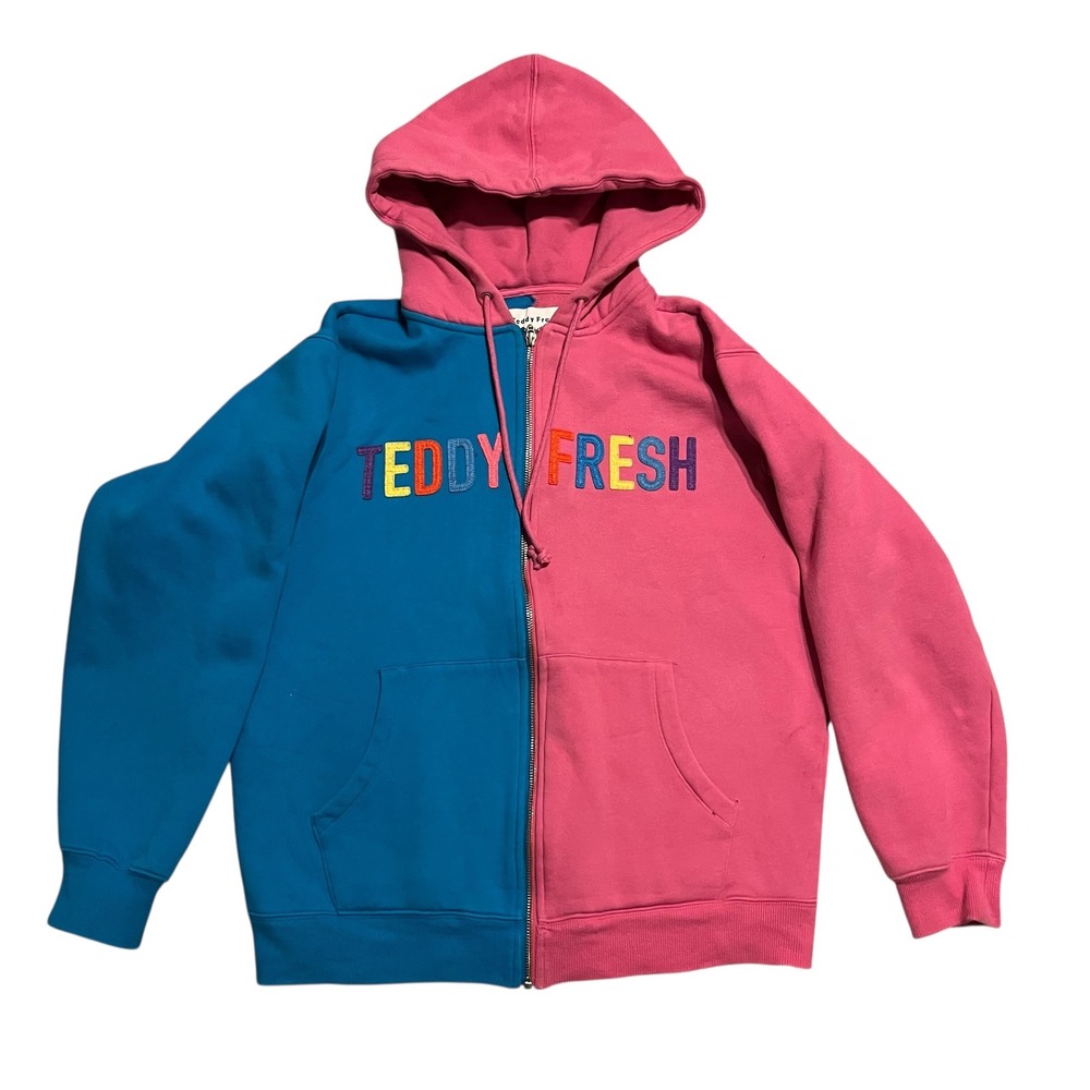 Teddy Fresh Colorblock Zip Up Hoodie Pink Blue Embroidered Logo Medium